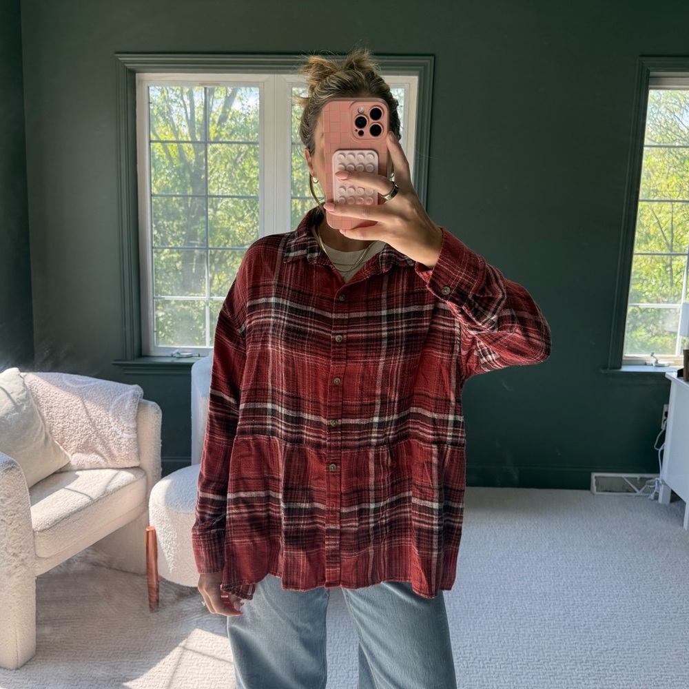 American Eagle Oversized Plaid Peplum Lightweight Flannel